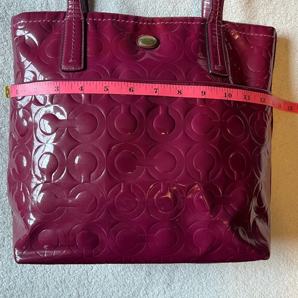 Coach Patent Leather Medium-Sized Tote Bag, Cranberry dark pink color - Picture 8 of 16